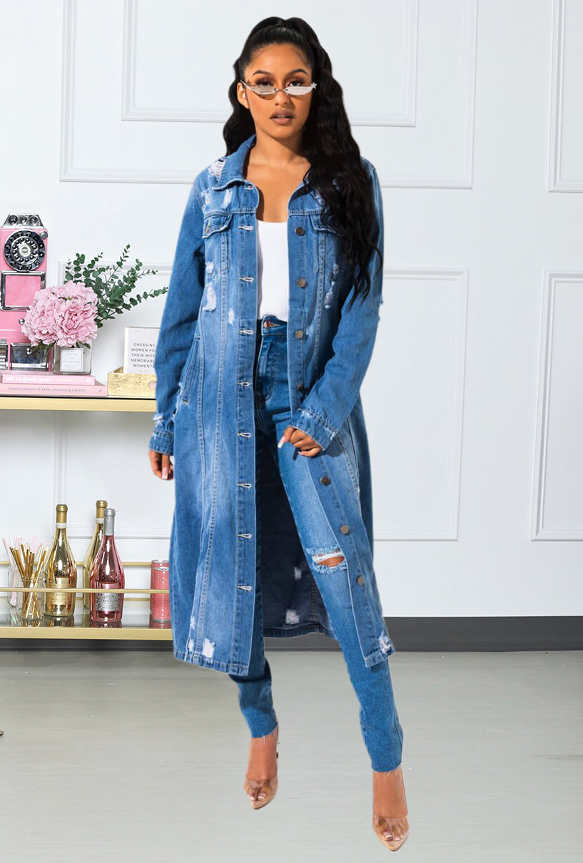 New denim long Cape hole dress