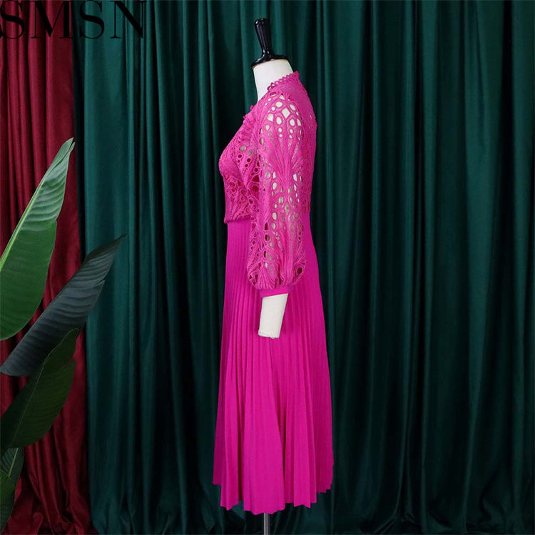 Plus Size Dress Puff Sleeve Lace Party Wear Belt Plus Size Autumn Women Pleated Dress