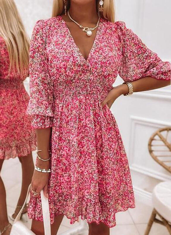 Mid-skirt pullover print short sleeve puff sleeve mid-waist floral dress plus size casual dress