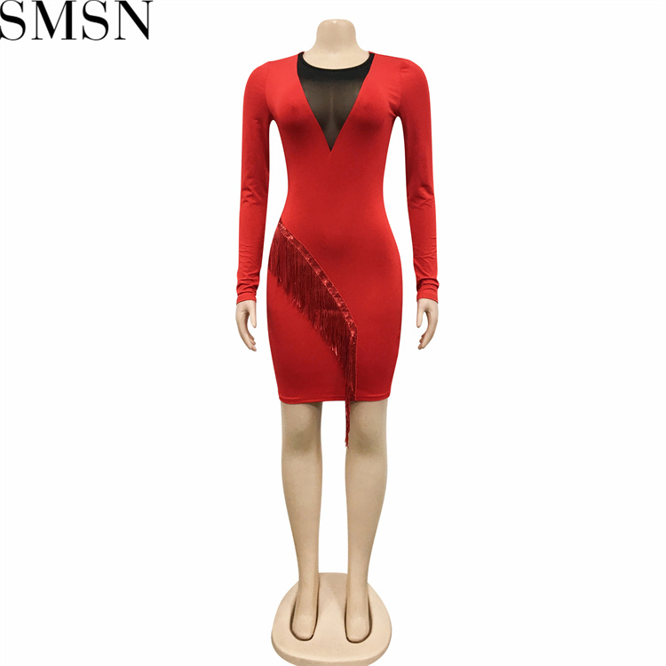 Plus Size Dress nightclubs rhinestone mesh see through sexy tassel hip wrapped mid length skirt dress