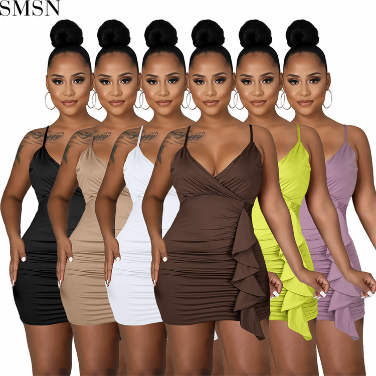 Fashion women dress sexy ruffled V neck topless sling bag hip nightclub dress