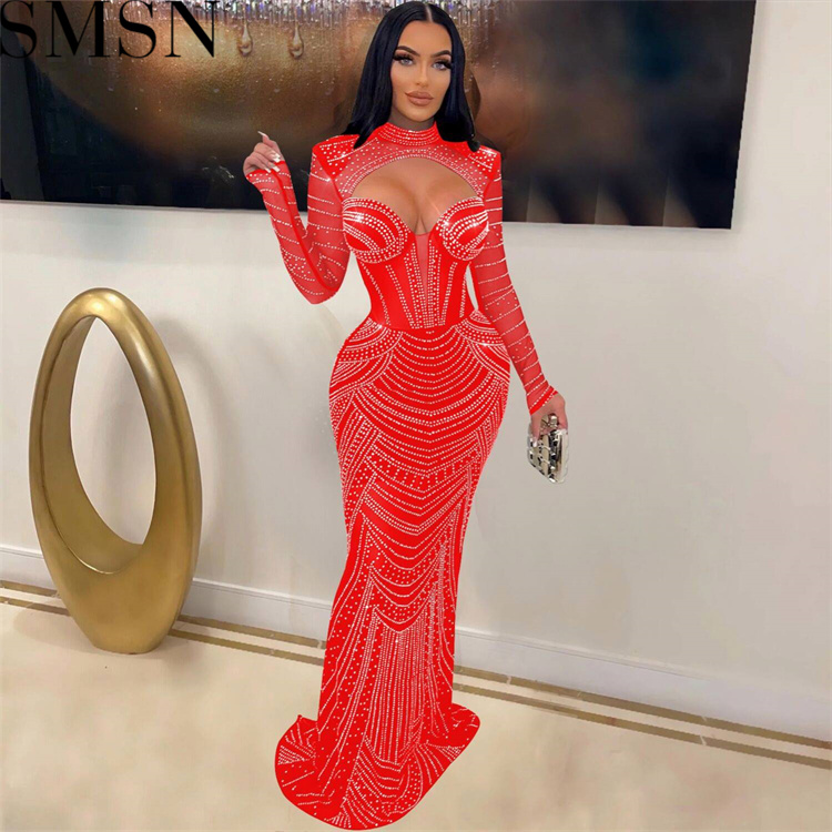 Plus Size Dress Europe and America cross border Women see through slim fit rhinestone dress