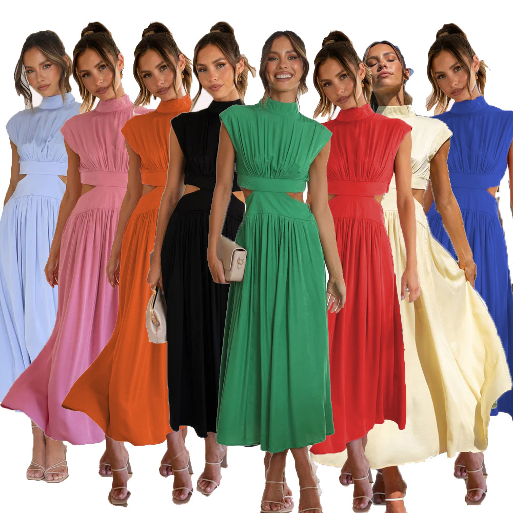 Fashionable Street Stand Collar Solid Color Open Waist Long Dress