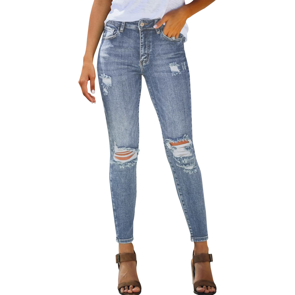 Hole washing slim elastic denim Leggings