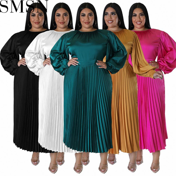 Plus Size Dress Amazon autumn and winter popular pleated round neck long dress long sleeve