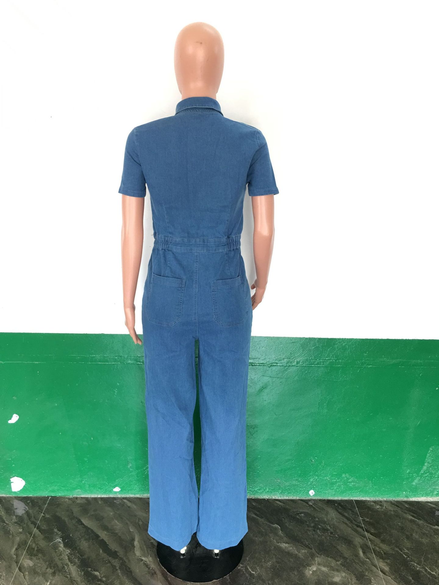 Sexy and fashionable denim jumpsuit short sleeved wide leg pants