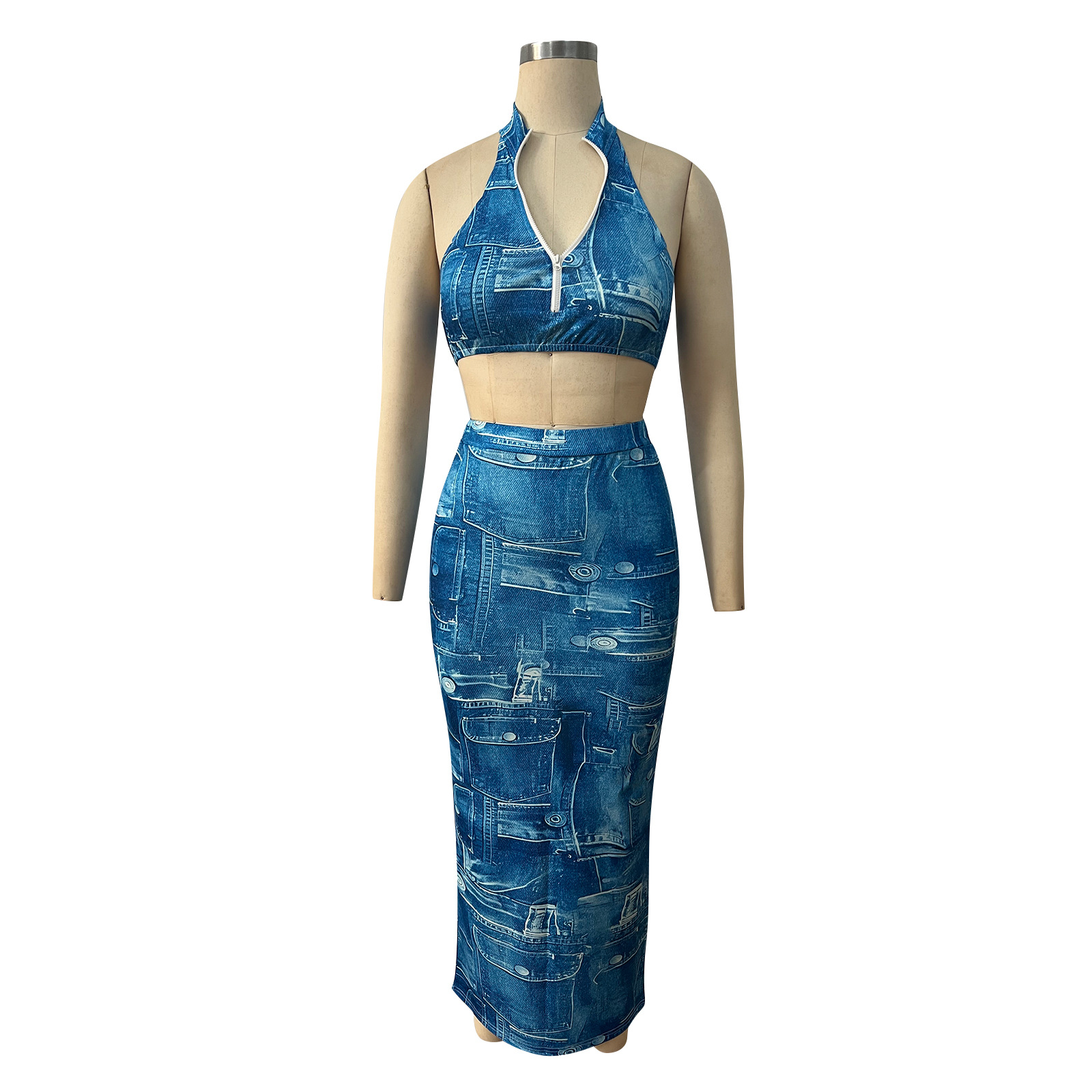 Denim print hanging neck wrap chest open back skirt suit