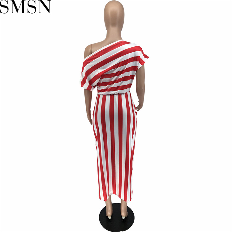 Plus Size Dress Europe and America women clothing off shoulder striped fashion slim dress