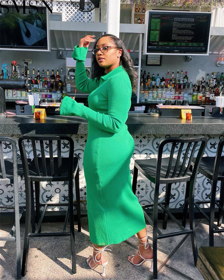 Fashion women dress Amazon long sleeve V neck long button bell sleeve dress sweater