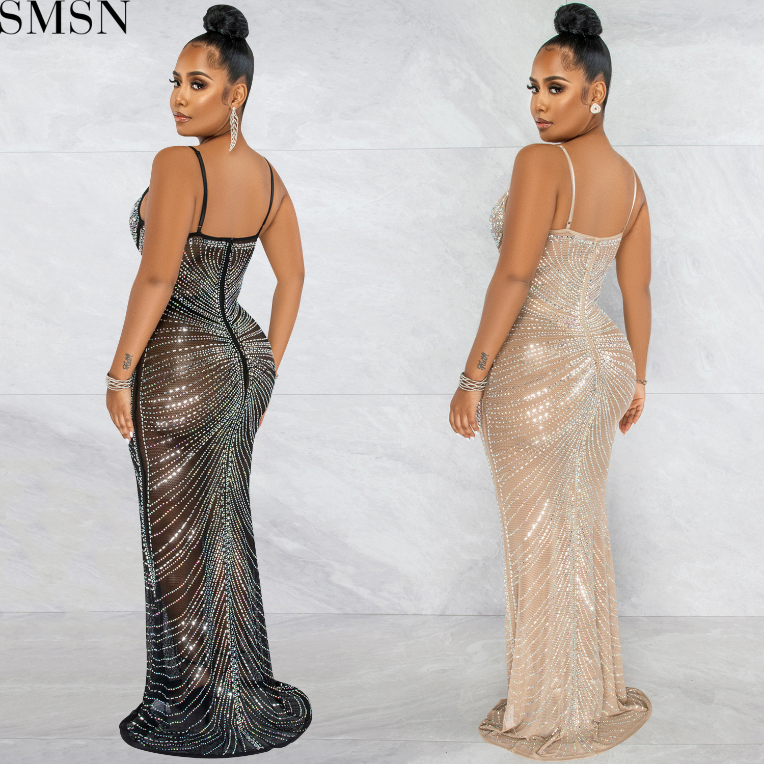 Plus Size Dress new hot rhinestone sexy spaghetti straps chest wrap mesh see-through maxi dress