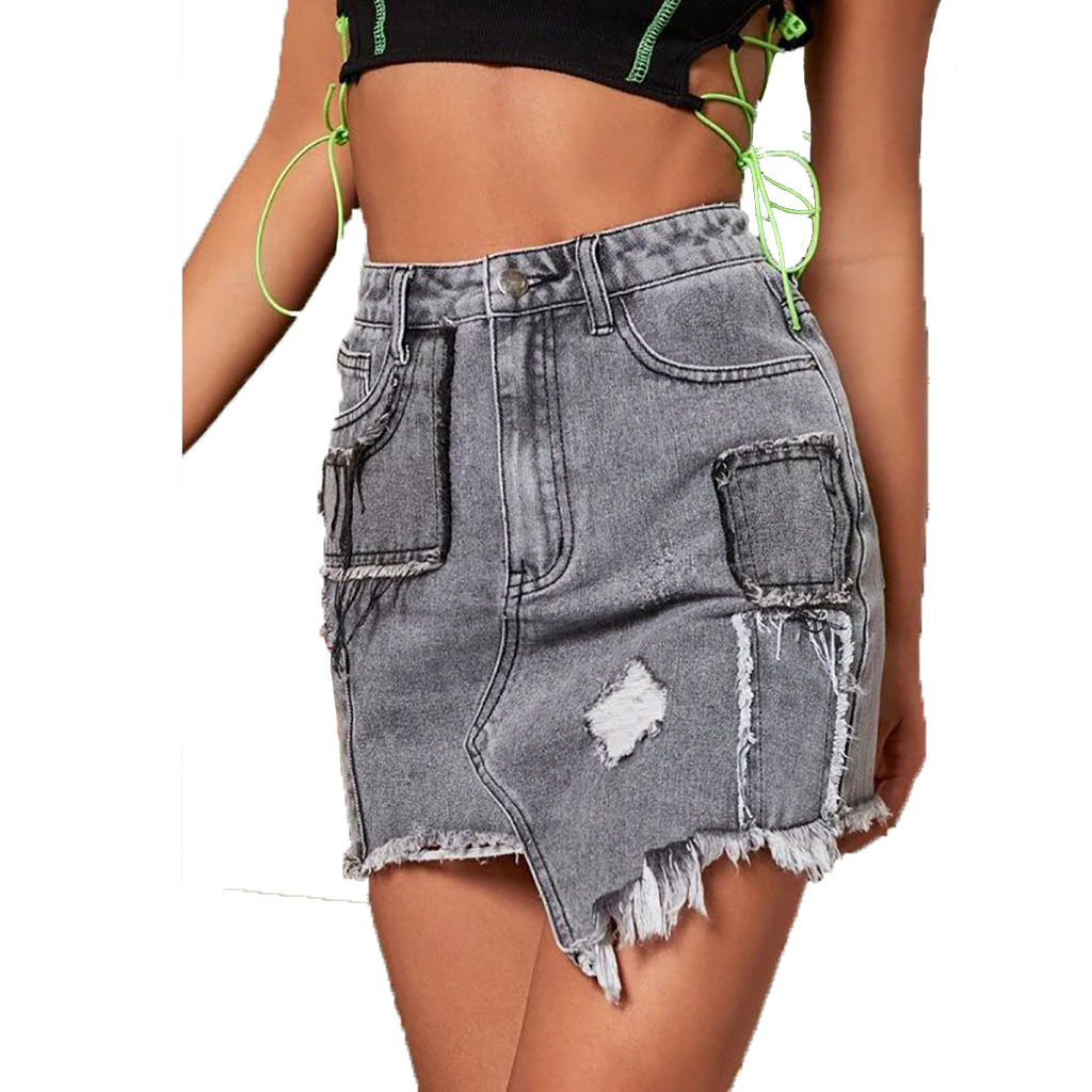 Fashionable jeans skirt with holes and buttocks