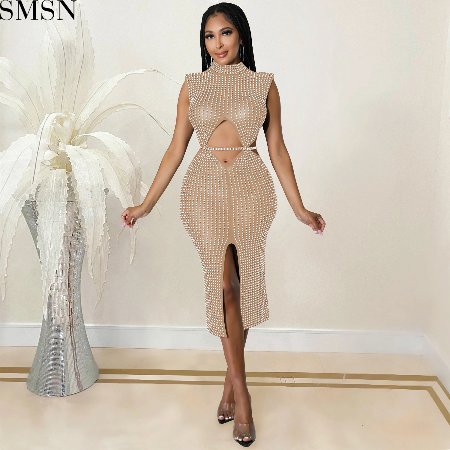 Fashion women dress sexy mesh see-through hot rhinestone hollow split dress women's clothing plus size casual dress