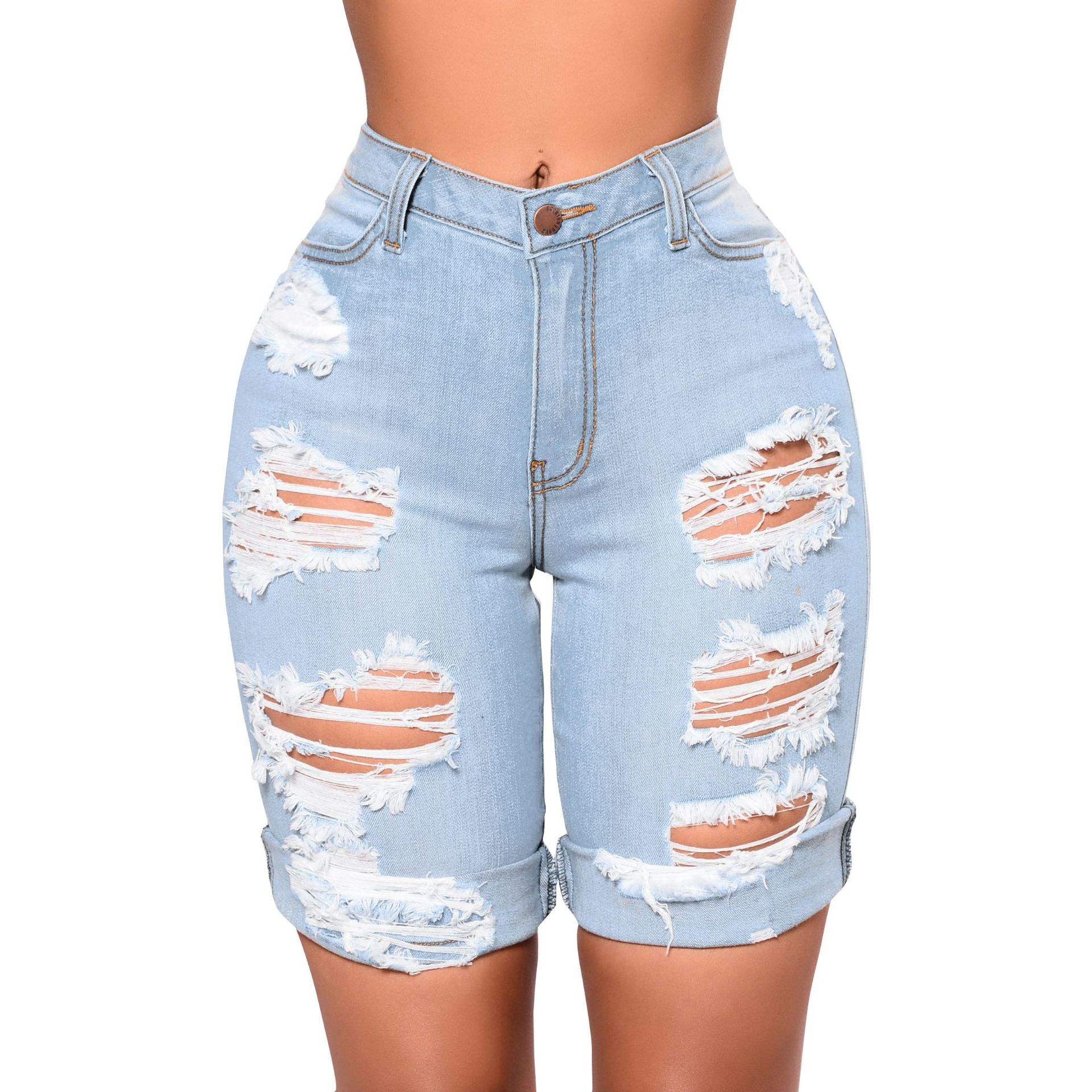 Fashionable water wash hole high waist jeans