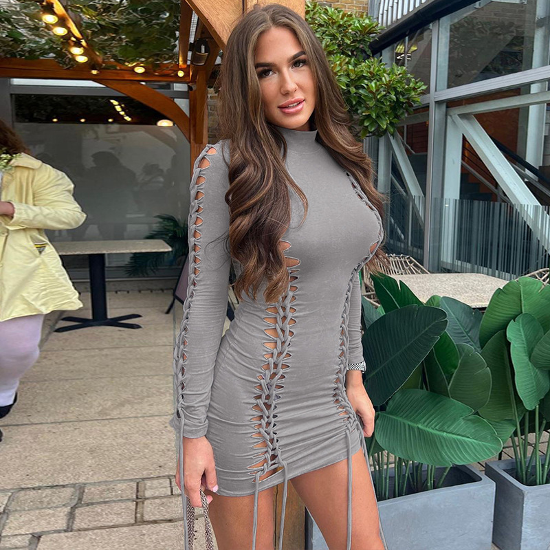 Fashion Sexy Stitching Hollow Long Sleeve Package Hip Dress For Women