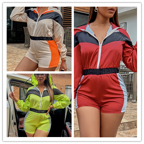 Casual multi panel zipper one-piece shorts