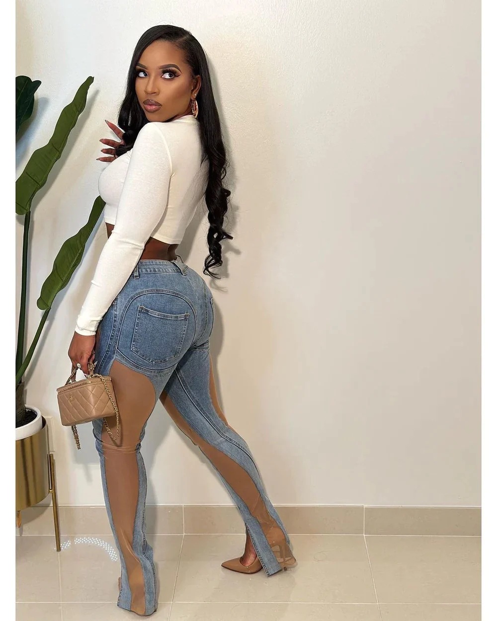 Fashion Mesh Sand Combination Elastic Slim Fit Hip Lift Jeans