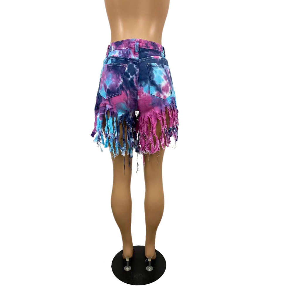 Tie dyed denim shorts with tassels