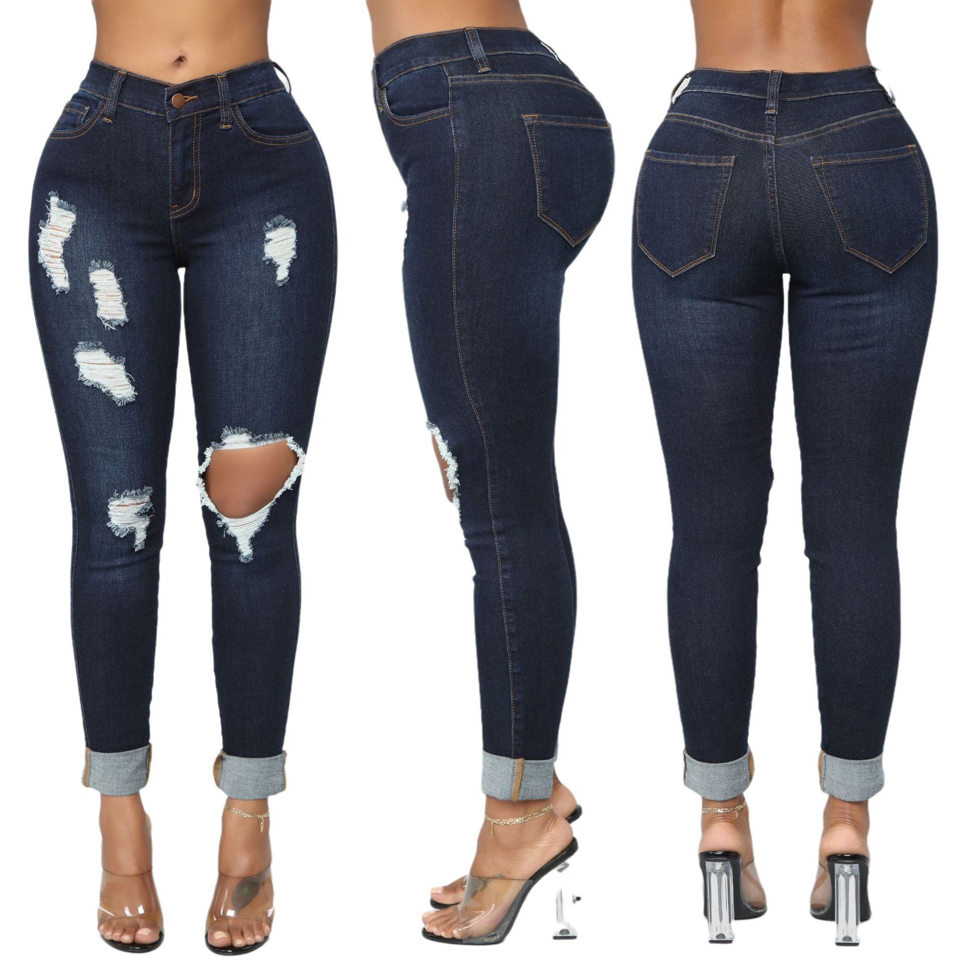 Fashion high waist denim hole tights