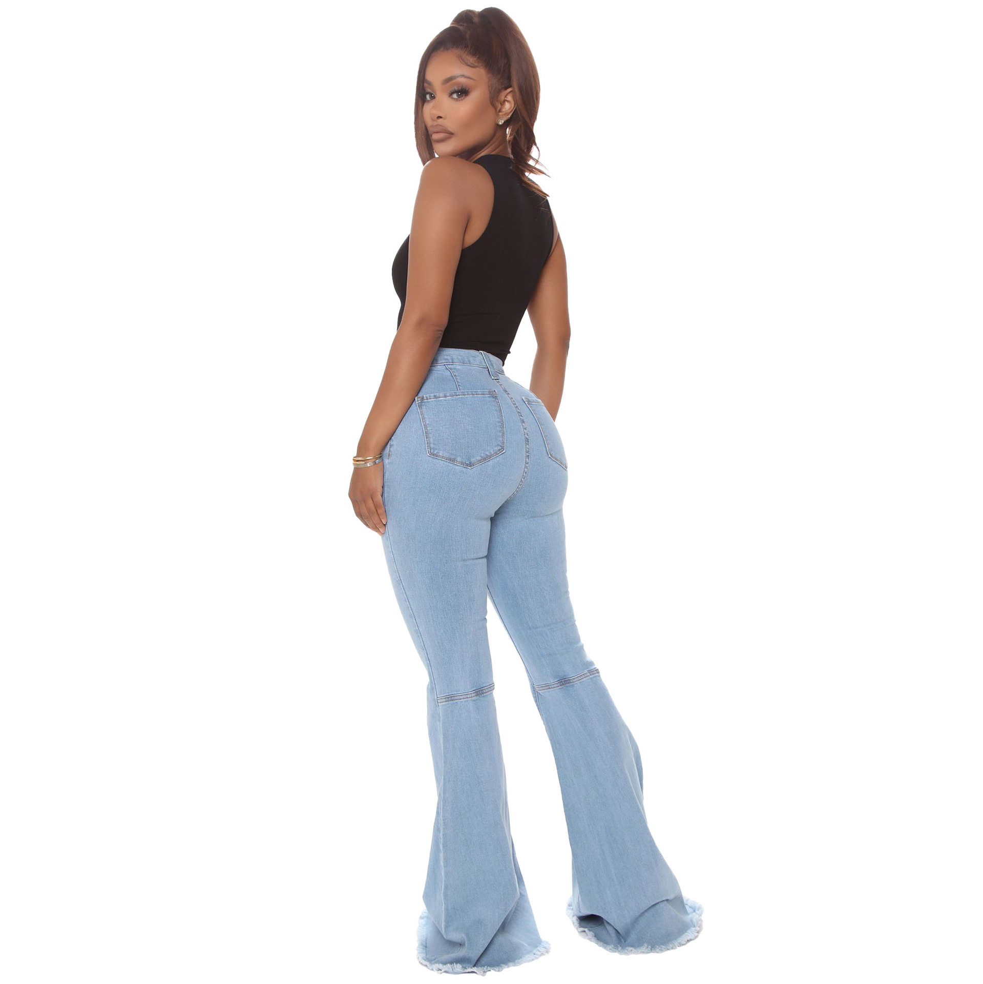 Fashion high waist elastic denim flared pants