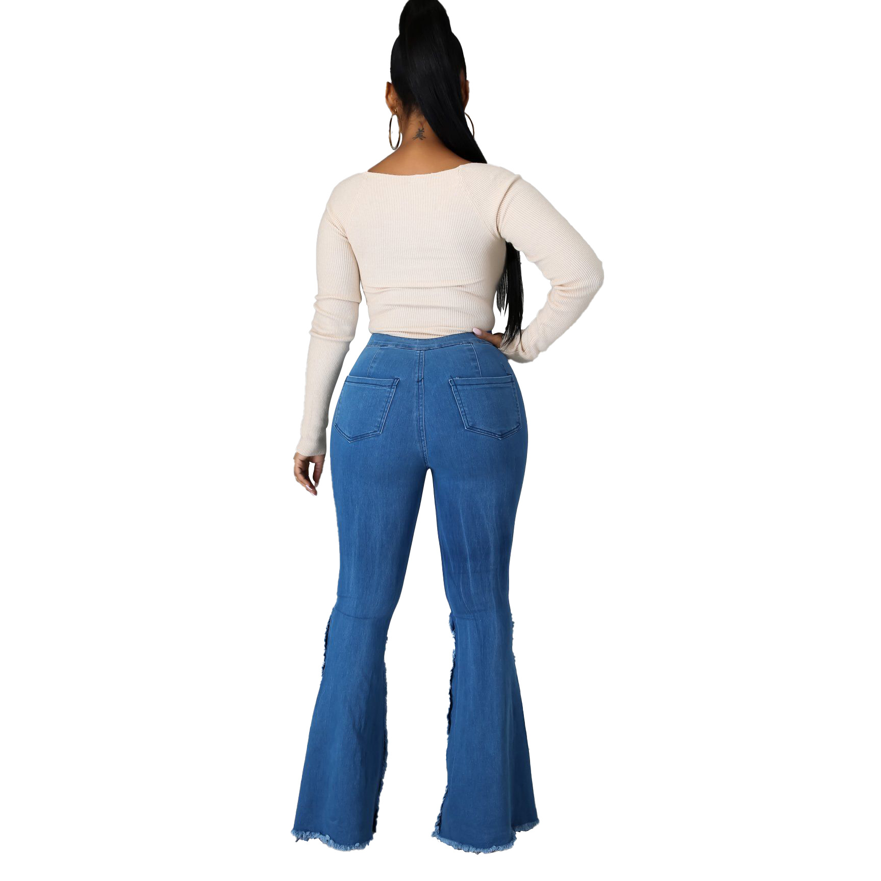 Patchwork perforated washed denim flared pants