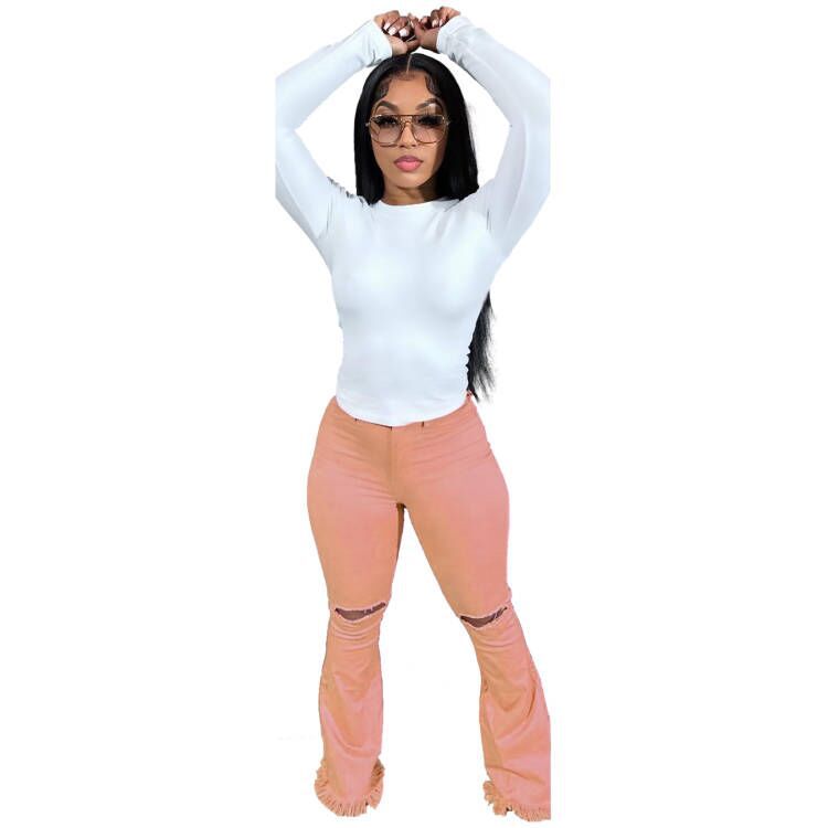 High Waist Perforated Pants Flare Jeans