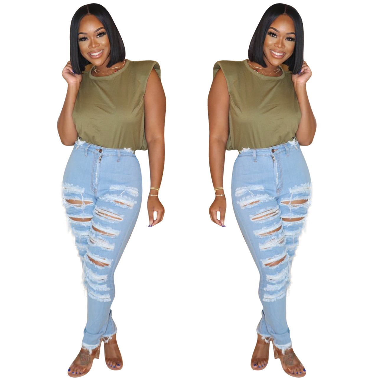 Casual fashion washed torn jeans