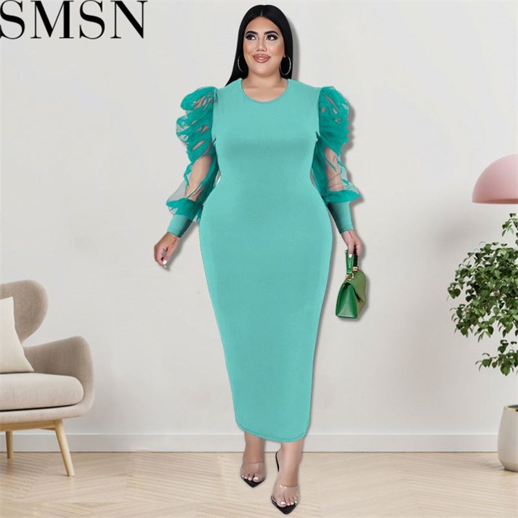 Plus Size Dress fall women clothing wholesale round neck long sleeve hit net dress