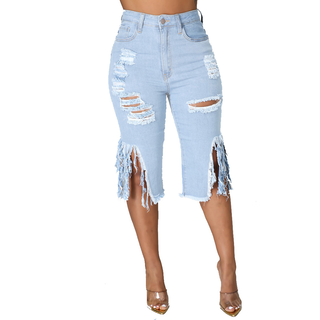 Fashion wash hole tassel High Waist Stretch Jeans