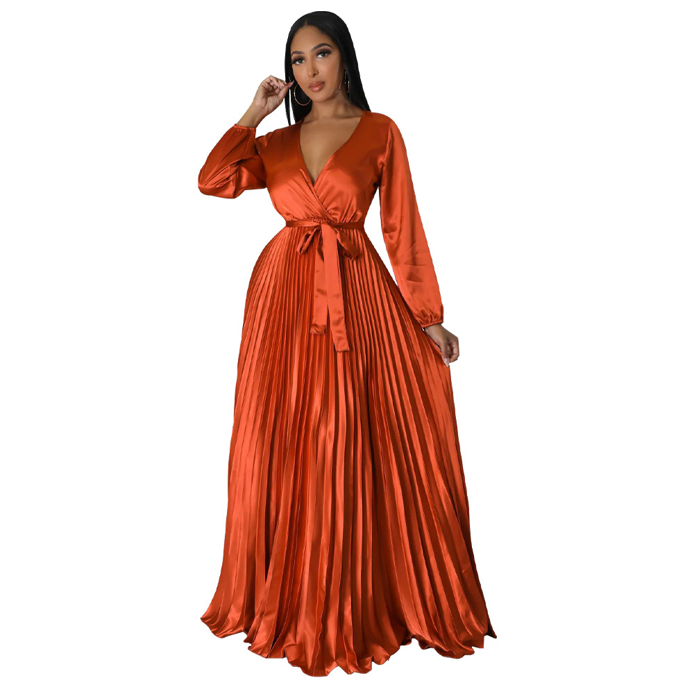 Plus Size Dress Europe and America cross border Amazon fall V neck lantern sleeve pleated dress