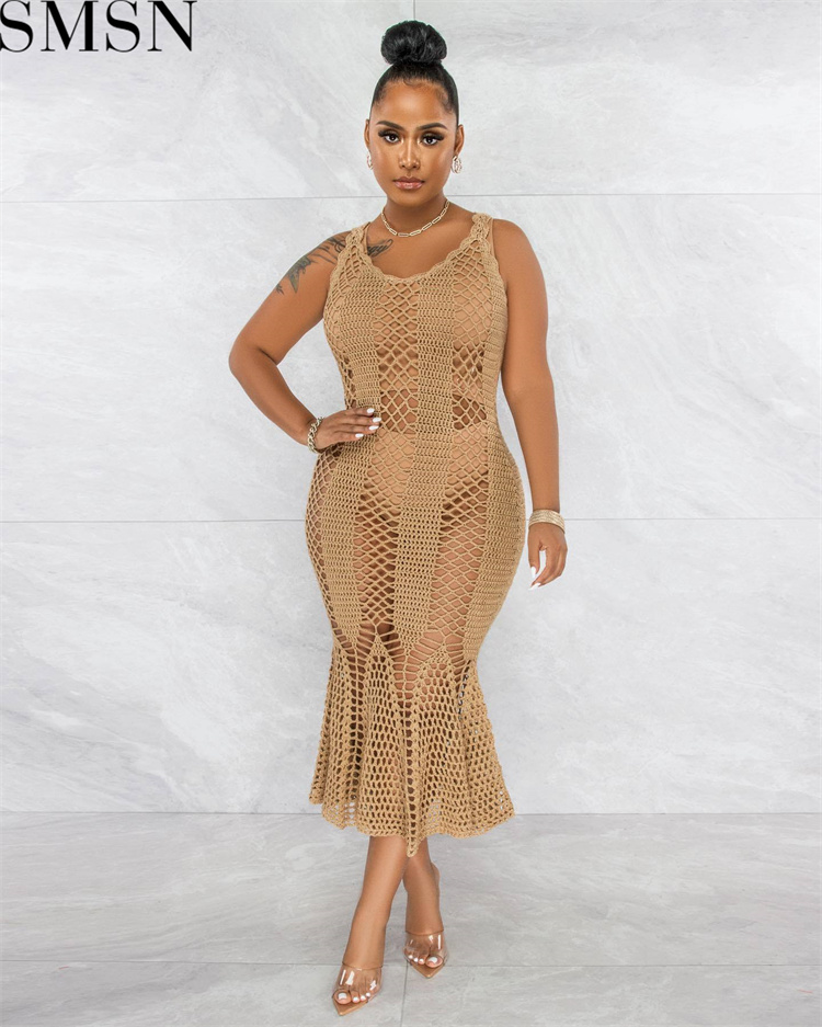 Fashion women dress Amazon Ins Style Sexy Cutout Strap Blouse Hand Crochet Knitted Dress