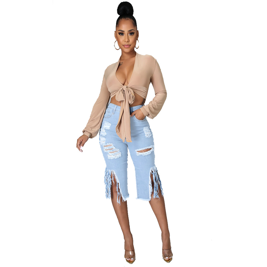 Fashion wash hole tassel High Waist Stretch Jeans