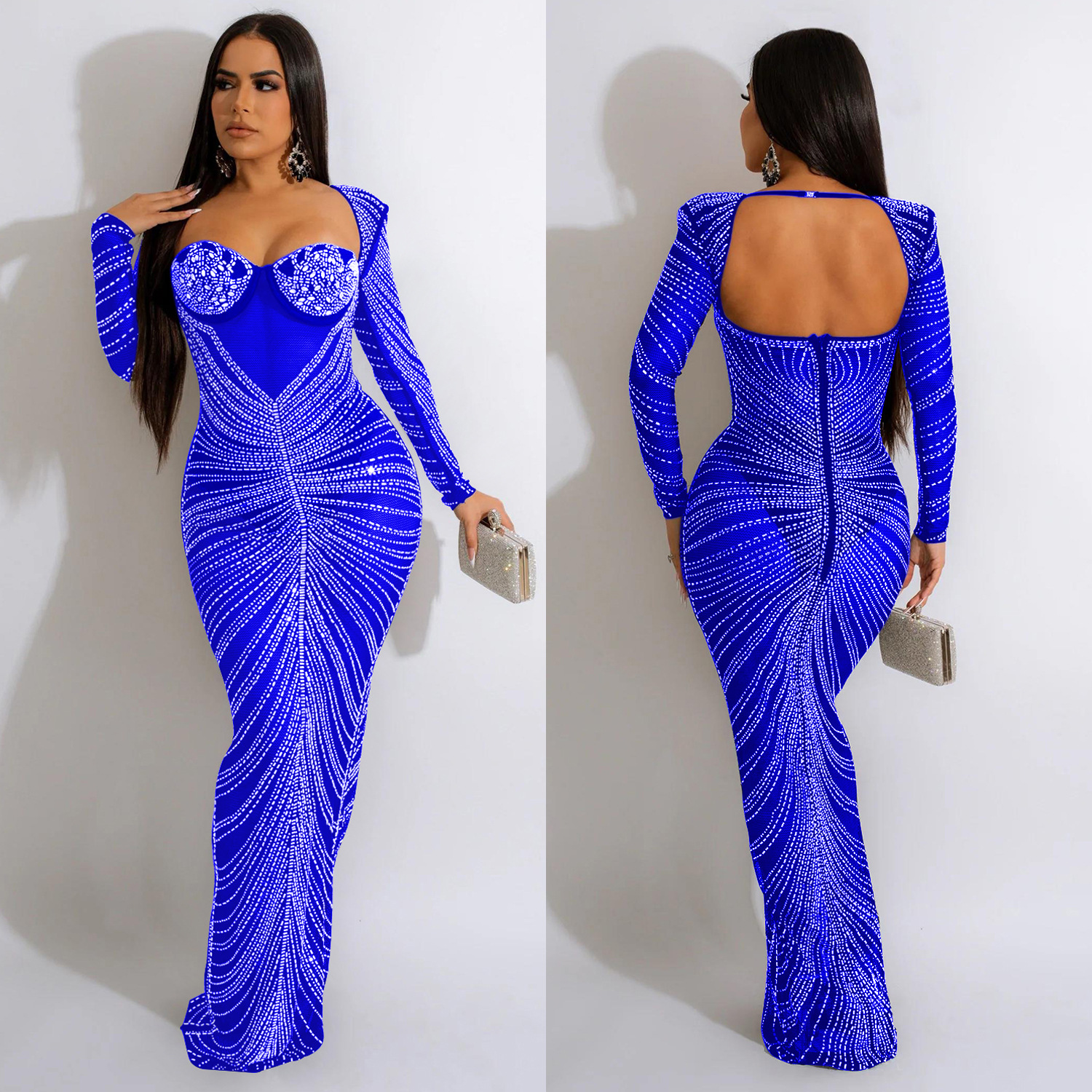 Women'S Hot Diamond Mesh Long Sleeved Long Skirt Dress