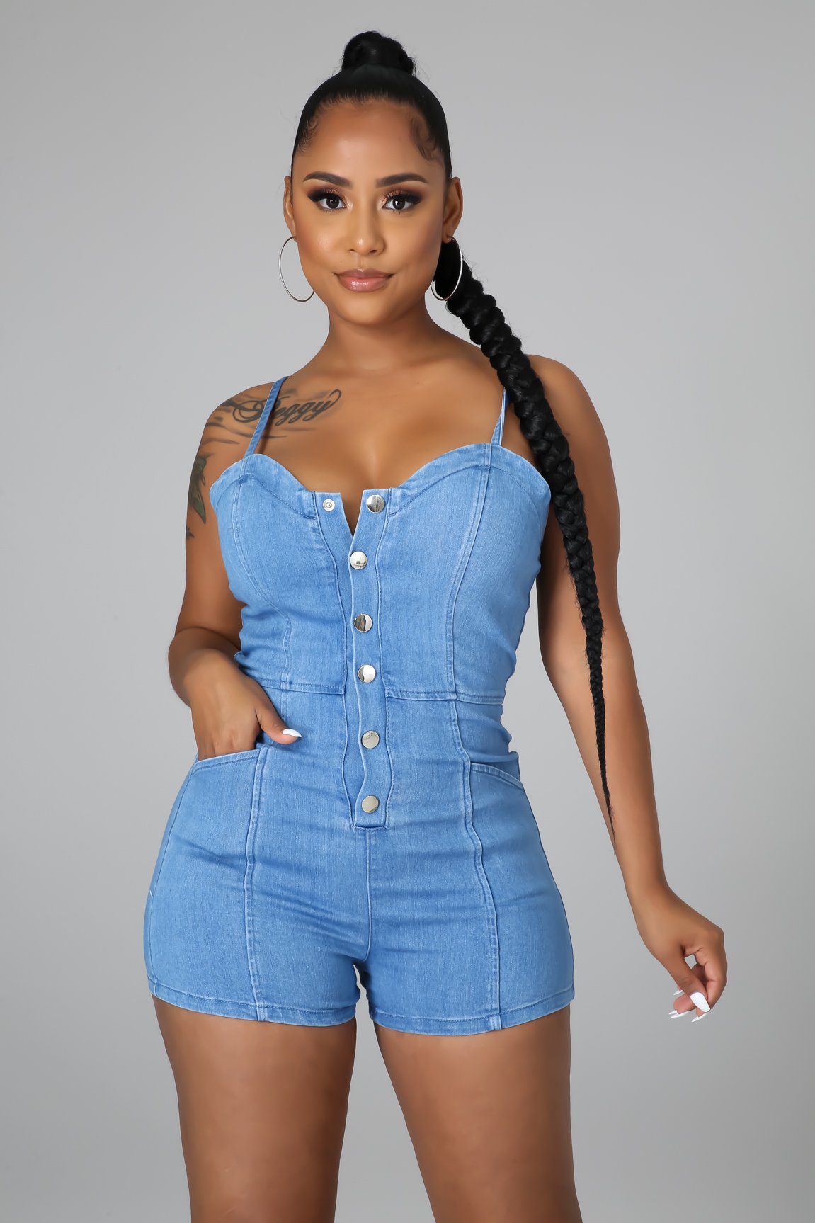 Casual high elastic denim suspender Jumpsuit
