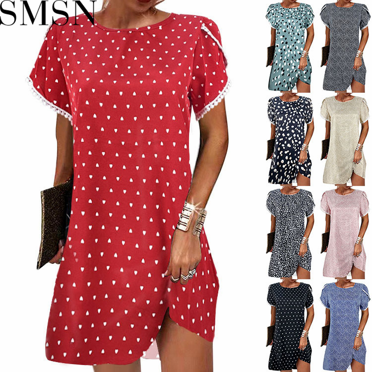Casual Dress 2022 summer round neck short sleeve loose lace edge ladies floral dress
