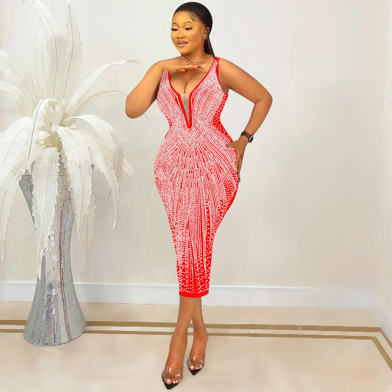 Fashion women dress suspenders sexy tight V-neck rhinestone dress for women plus size casual dress