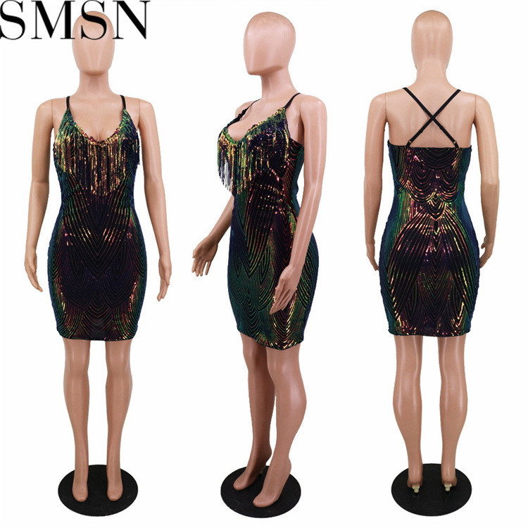 Plus Size Dress Amazon hot selling sexy sling sequin tassel dress