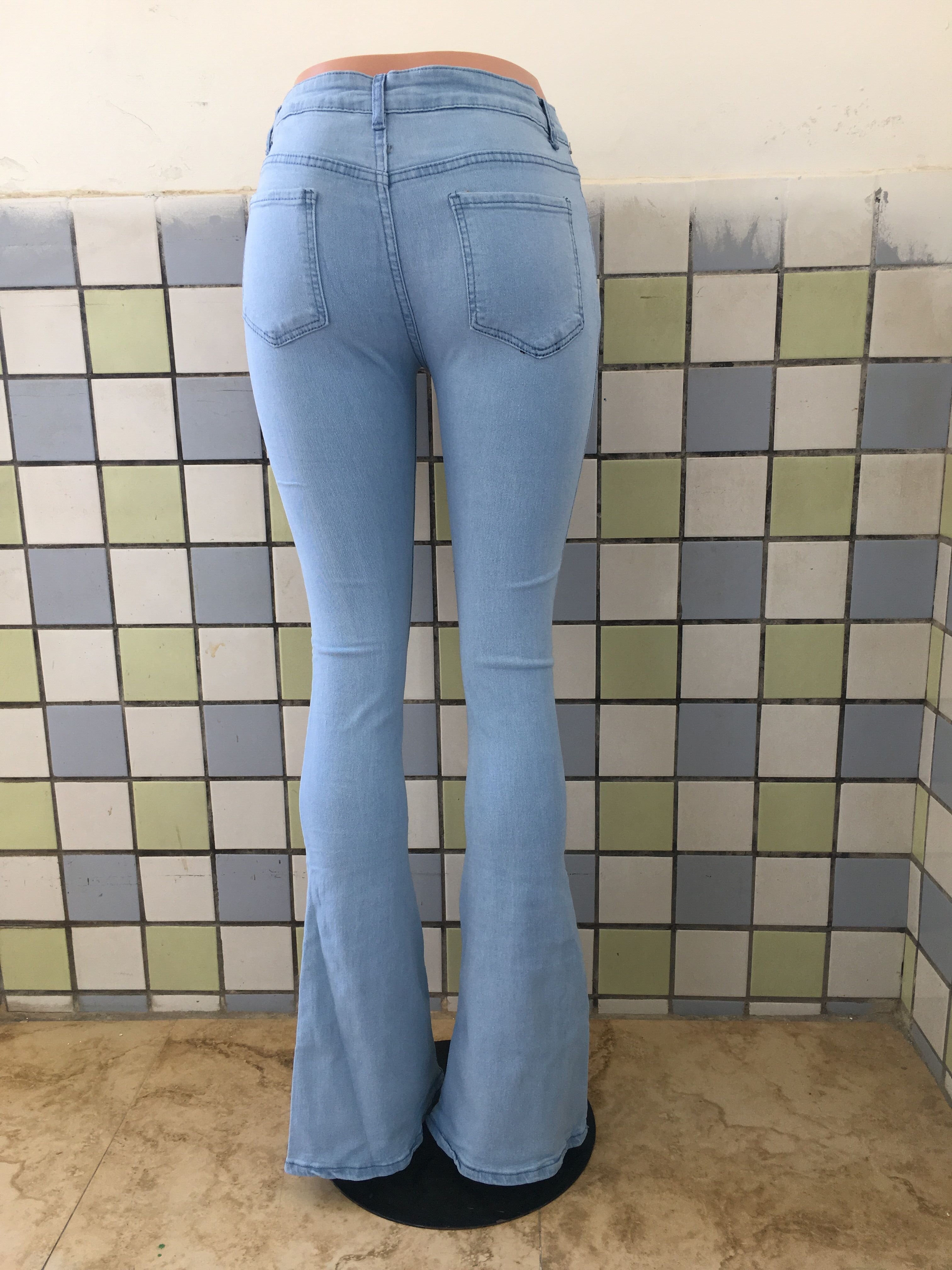 Denim high waist leg flared trousers