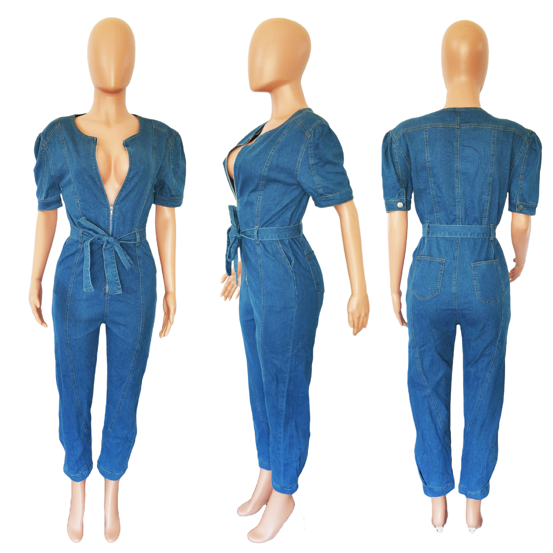 Fashion loose jeans short sleeve Jumpsuit