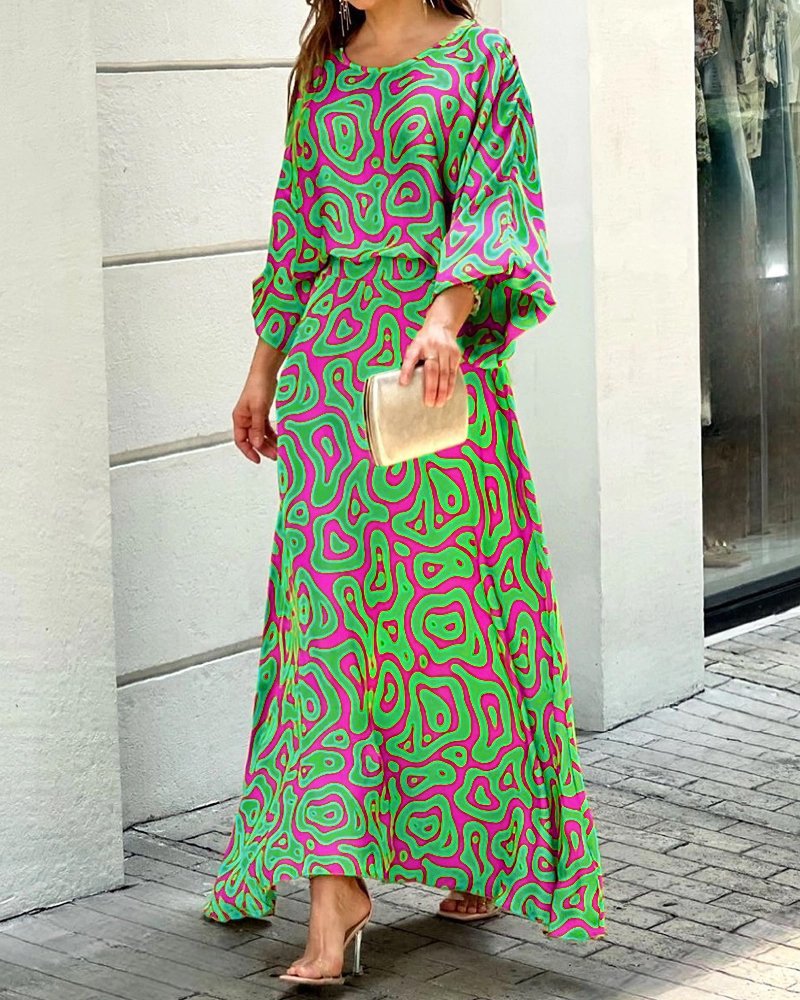 Casual Dress summer New loose plus size print long sleeved top high waist long dress