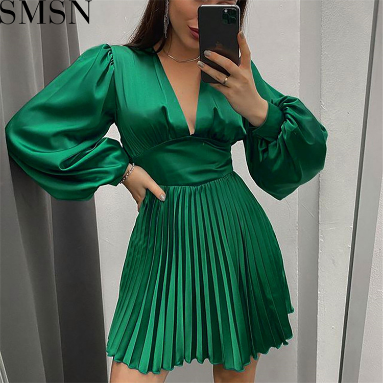 Plus Size Dress Amazon New Autumn and Winter Long Sleeve Pleated Satin Satin A  line High Waist Dress
