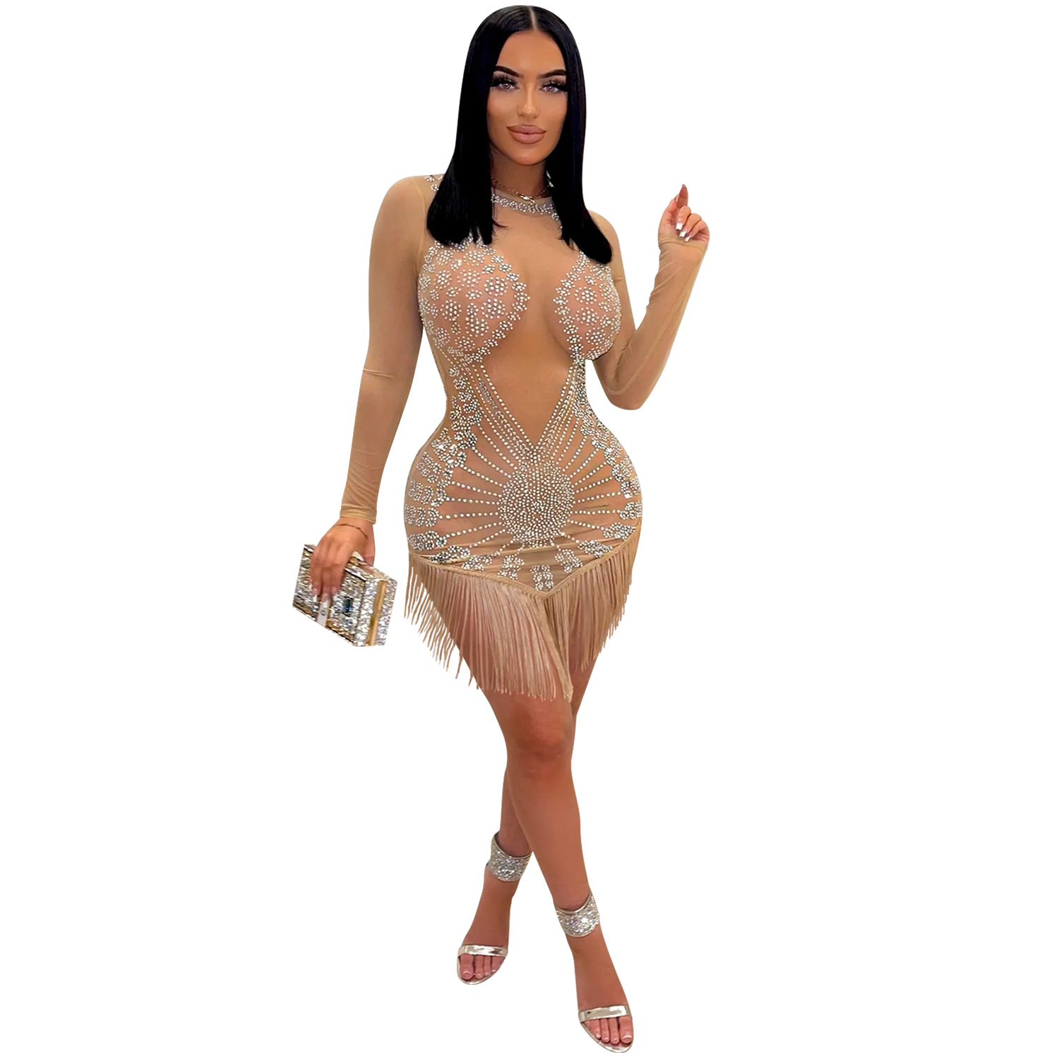 Casual Dress fashion nightclub hot drilling mesh see through silk long sleeve short dress