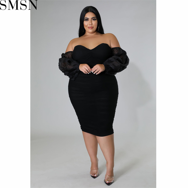Plus Size Dress autumn new large size women dress skinny mesh pleated long sleeve one step dress