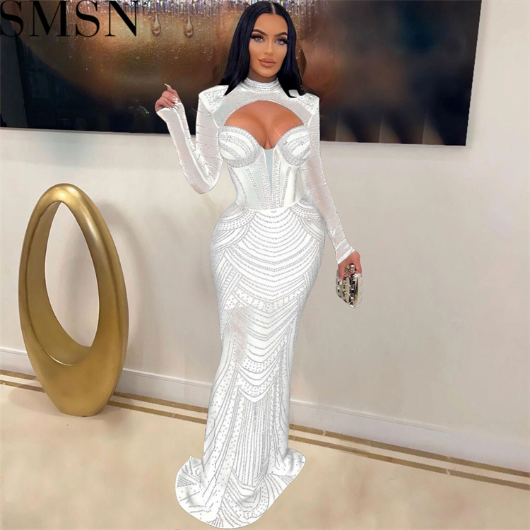 Plus Size Dress Europe and America cross border Women see through slim fit rhinestone dress