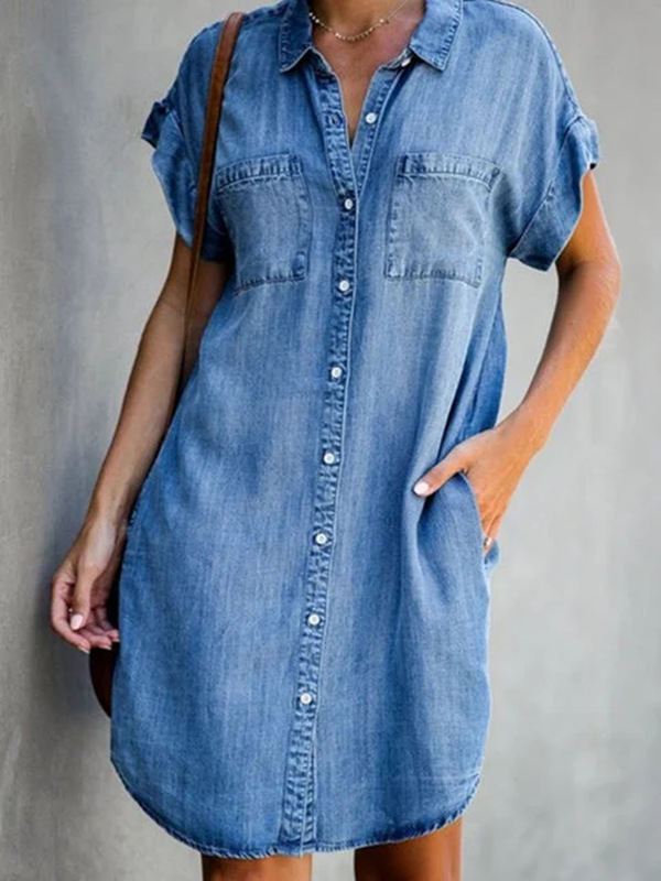 Short Sleeve Slim Denim Midi Dress