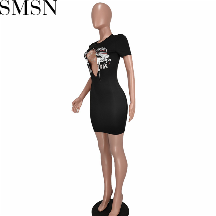 Casual Dress Circular collar careful machine chain cross hollow print dress