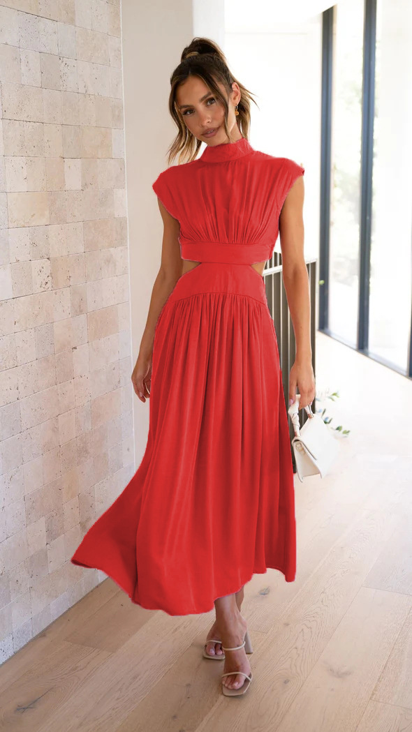 Fashionable Street Stand Collar Solid Color Open Waist Long Dress