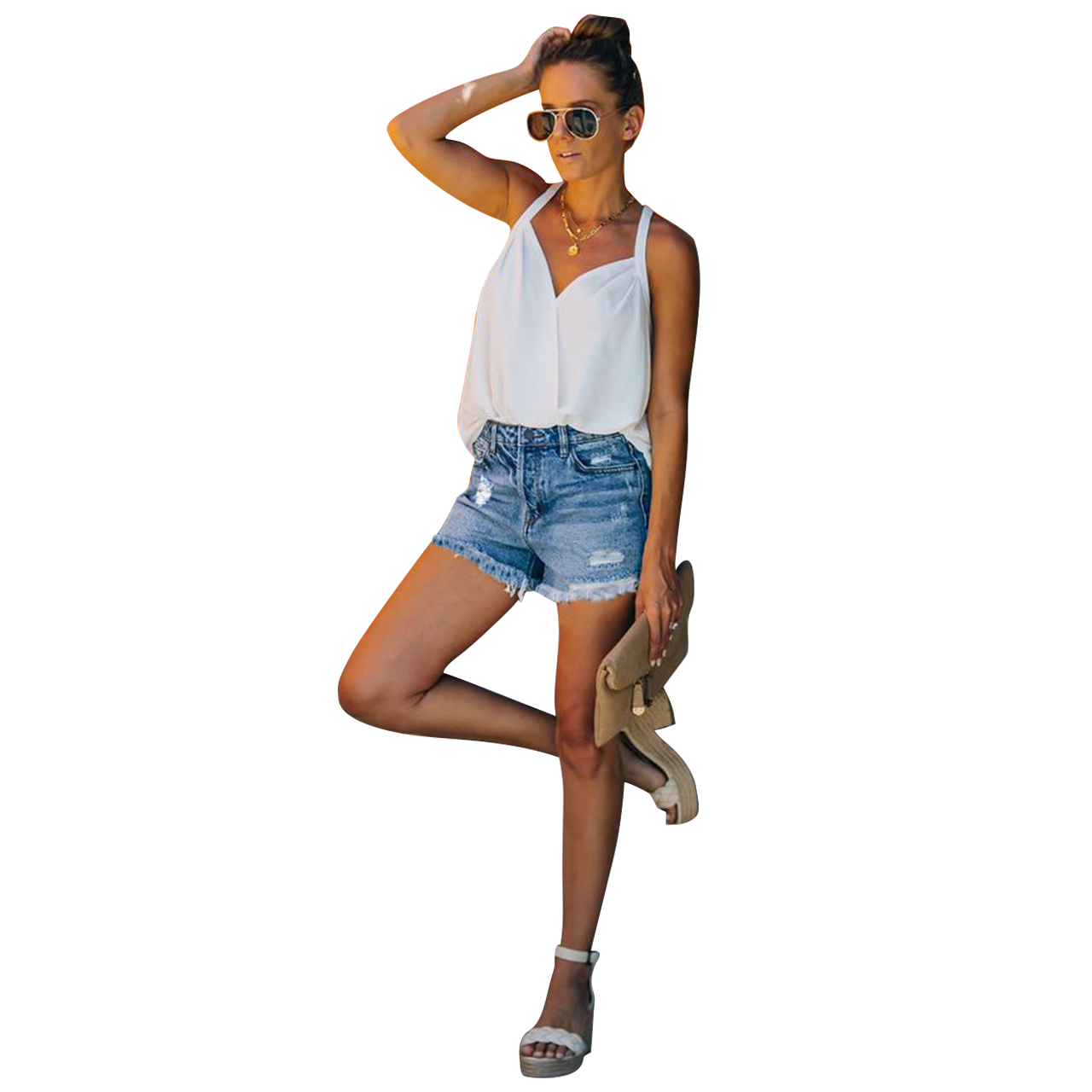 High waist denim shorts with loose edges