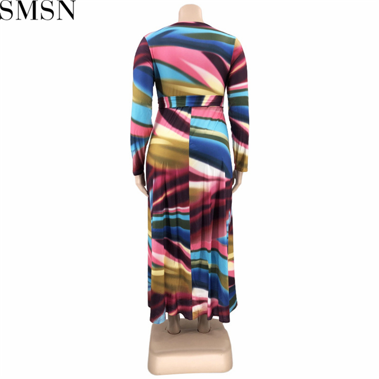 Plus Size Dress Amazon abstract printing with belt deep V neck fashion tight large size dress