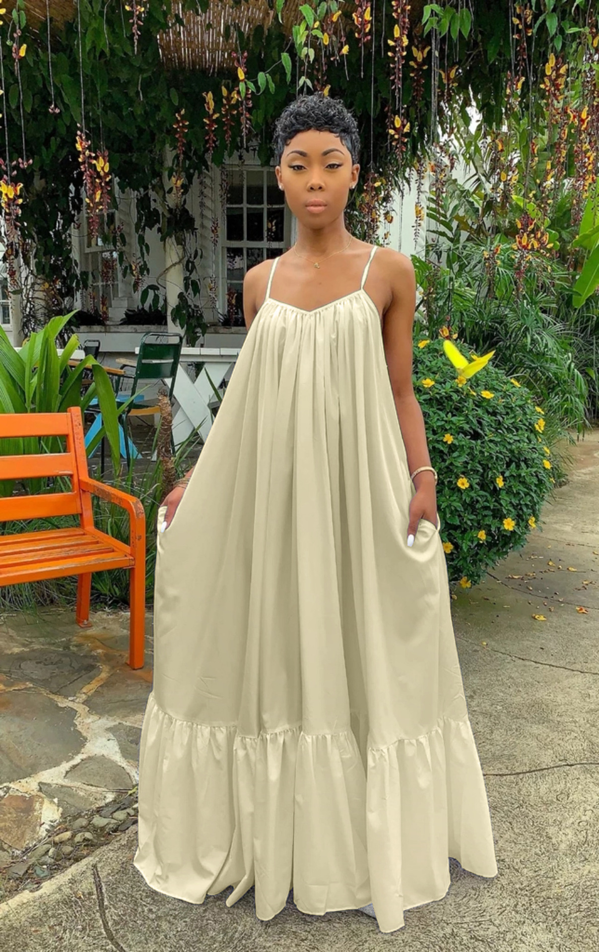 Sexy Slingless Sleeveless Solid Color Long Swing Dress