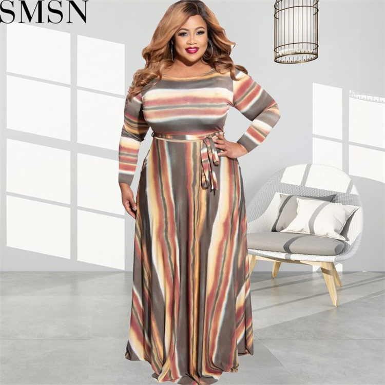 Plus Size Dress Amazon autumn and winter New striped print with belt stylish loose plus size women dress